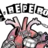 Logo for a rock band showing stylized text above a pink anatomical heart with musical gear and cablesAttached