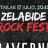 Concert poster for ZELABIDE Rock Fest with bold white 'ZELABIDE' and red 'ROCK FEST' text on a dark textured background, date and time shown at top (July 17, 8:15 PM).
