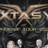 XTASY Phoenix Tour 2026 poster with a metallic gold logo and wing emblem on a dark abstract background, plus band members at the bottom.