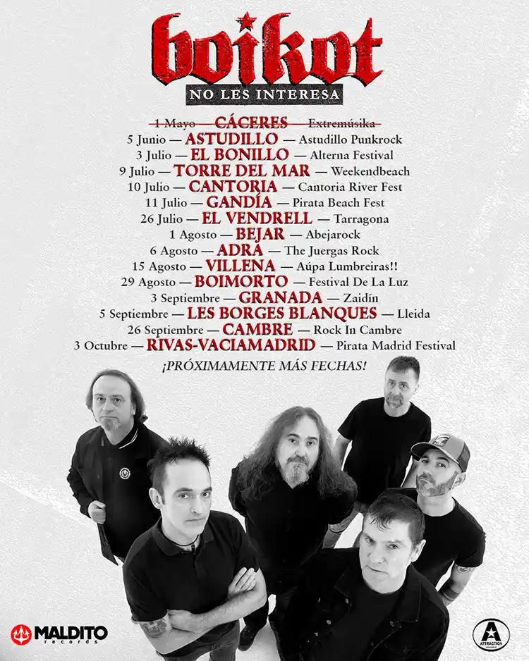 Boikot Gira Poster for Gotkot concert tour listing multiple Spanish cities; photo of six band members at bottom (black-and-white).